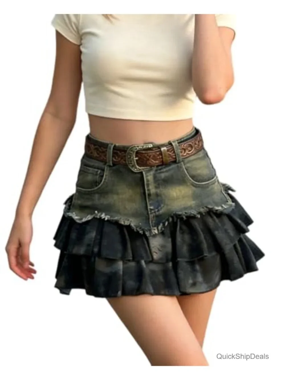 Y2K High Waist Distressed Ruffle Denim Skort with Shorts